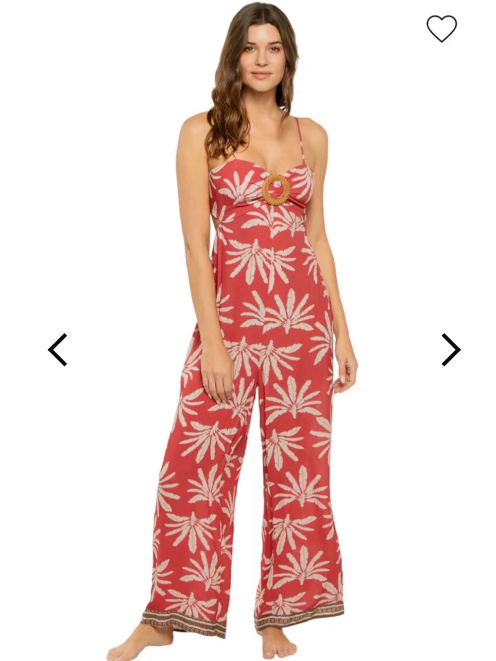 Red Palm-Print Romper with Woven Ring Accent